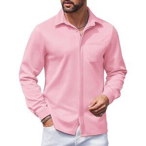 Pink Men's Long Sleeve Wrinkle Free Casual Button Down Untucked Dress Shirt